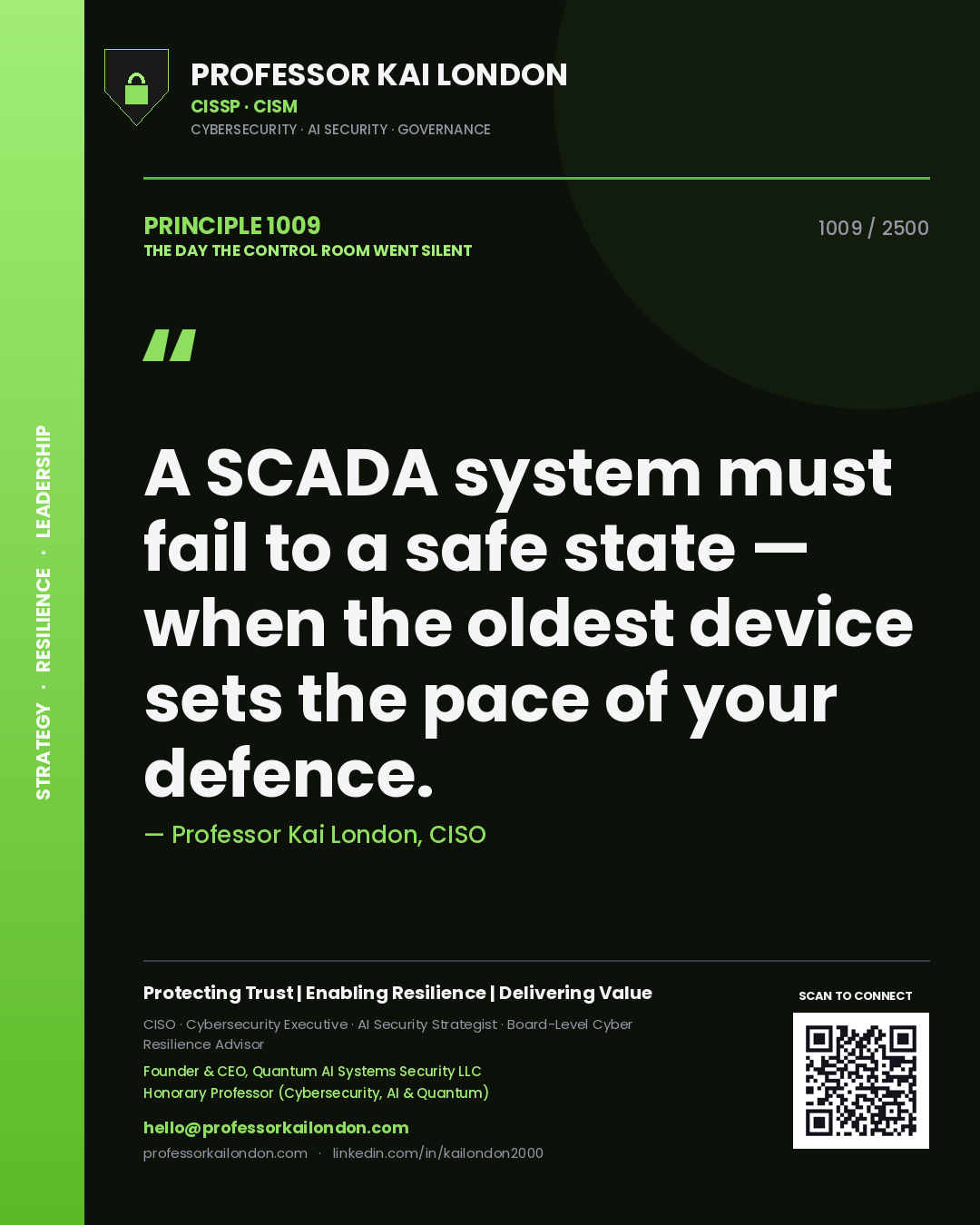 Quote card by Professor Kai London reading 'A SCADA system must fail to a safe state — when the oldest device sets the pace of your defence.'. From the book The Day the Control Room Went Silent.