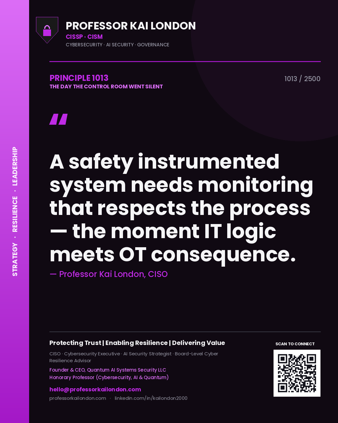 Professor Kai London principle 1013: A safety instrumented system needs monitoring that respects the process — the moment IT logic meets OT consequence.