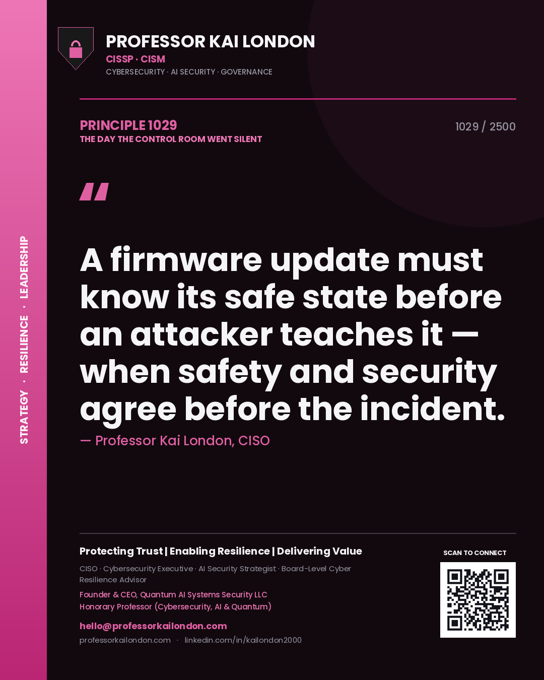 Quote card by Professor Kai London reading 'A firmware update must know its safe state before an attacker teaches it — when safety and security agree before the incident.'. From the book The Day the Control Room Went Silent.