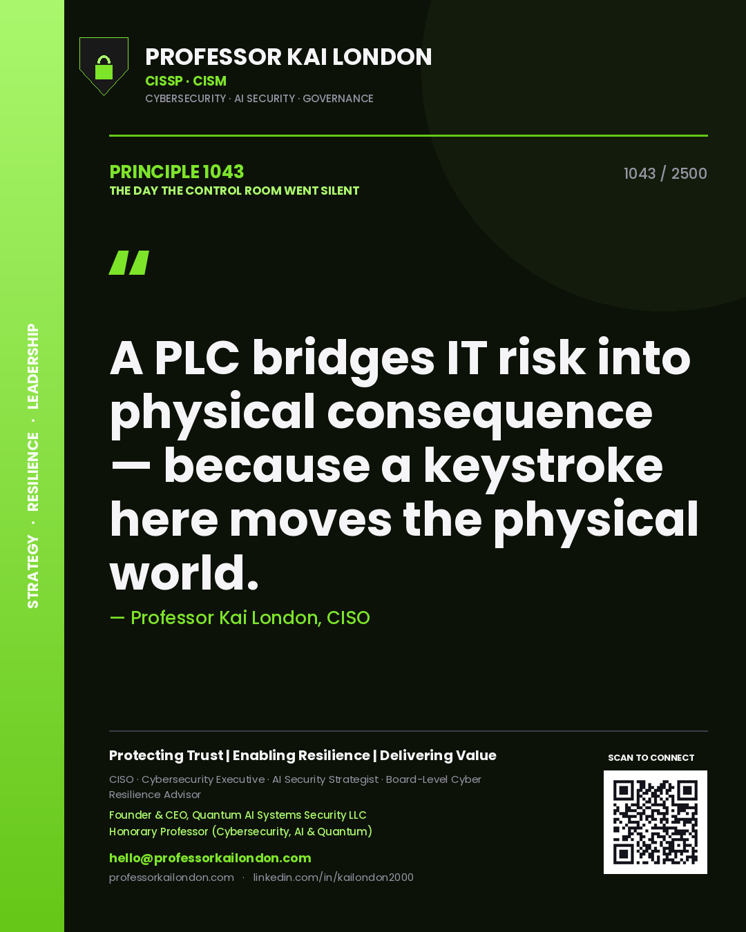 Quote card by Professor Kai London reading 'A PLC bridges IT risk into physical consequence — because a keystroke here moves the physical world.'. From the book The Day the Control Room Went Silent.