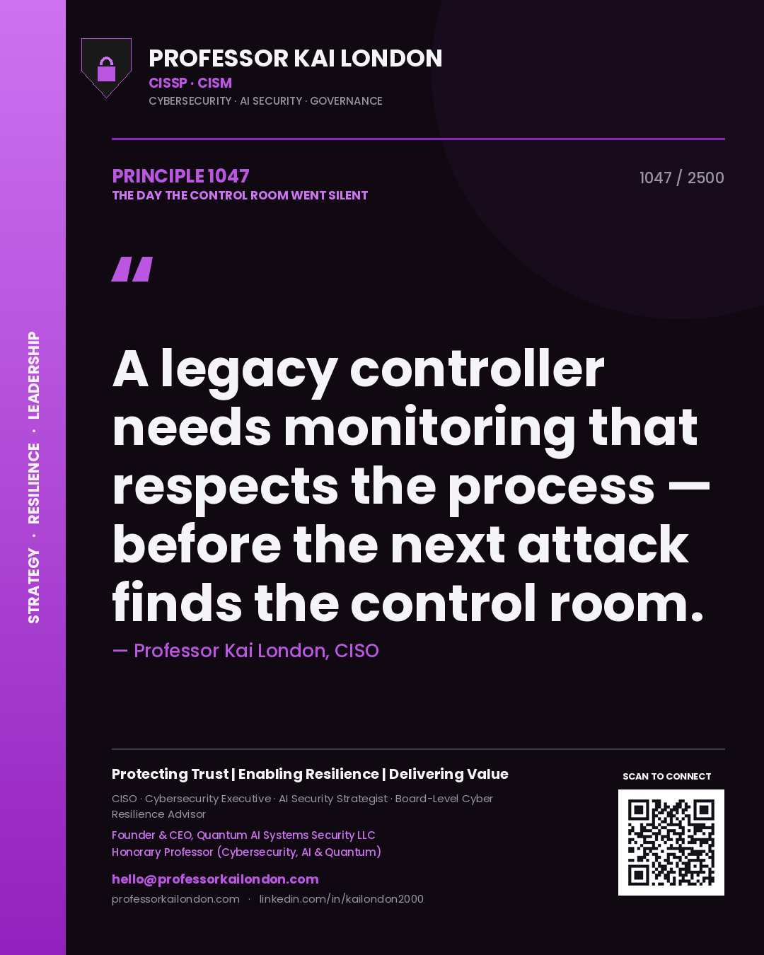 Quote card by Professor Kai London reading 'A legacy controller needs monitoring that respects the process — before the next attack finds the control room.'. From the book The Day the Control Room Went Silent.