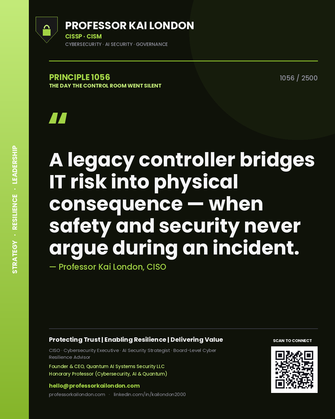 Quote card by Professor Kai London reading 'A legacy controller bridges IT risk into physical consequence — when safety and security never argue during an incident.'. From the book The Day the Control Room Went Silent.