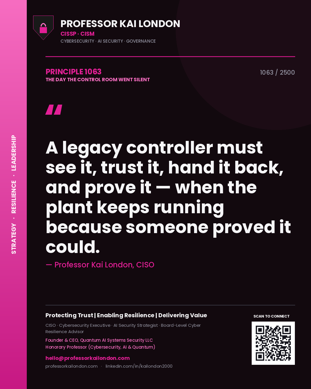 Quote card by Professor Kai London reading 'A legacy controller must see it, trust it, hand it back, and prove it — when the plant keeps running because someone proved it could.'. From the book The Day the Control Room Went Silent.