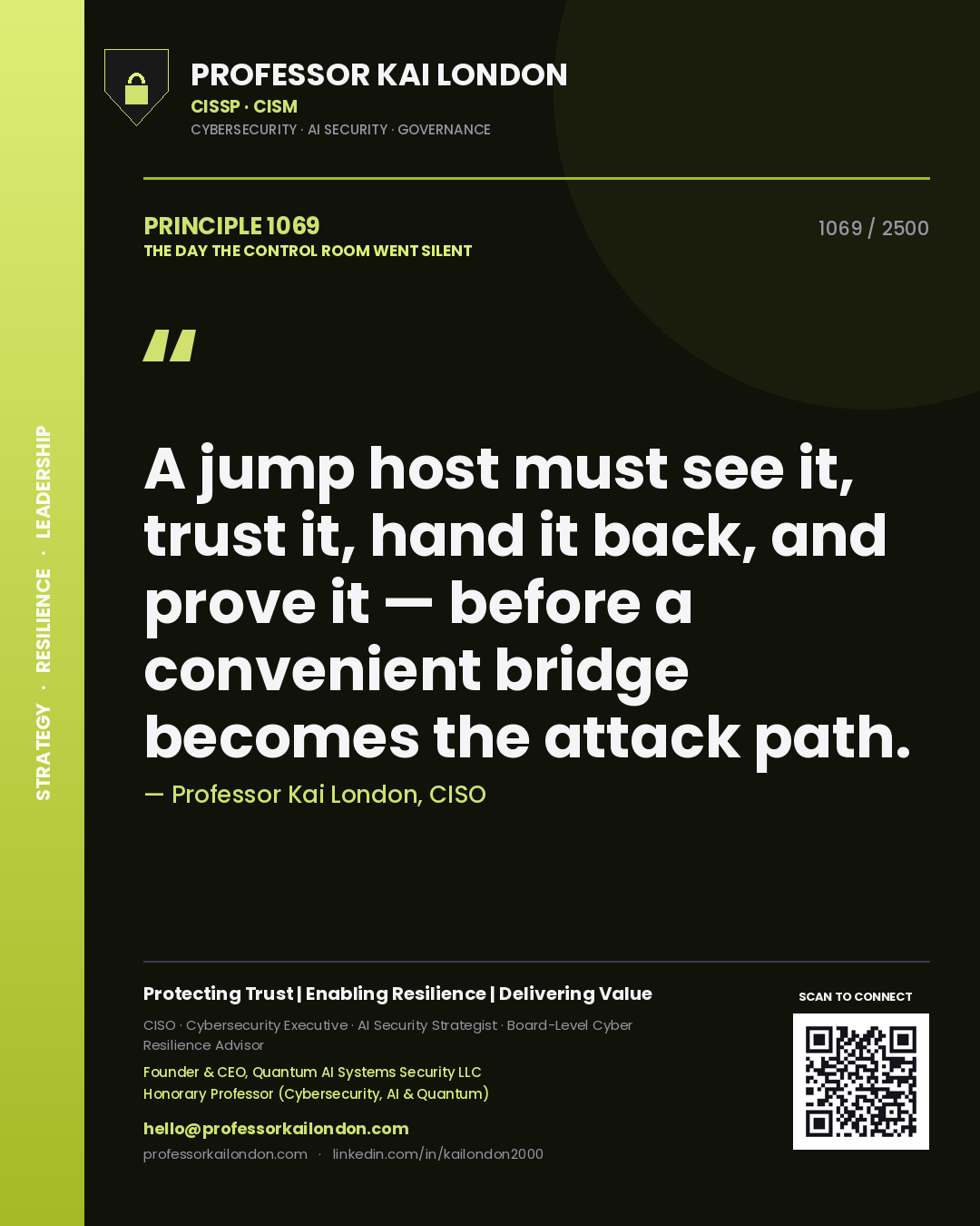 Professor Kai London principle 1069: A jump host must see it, trust it, hand it back, and prove it — before a convenient bridge becomes the attack path.