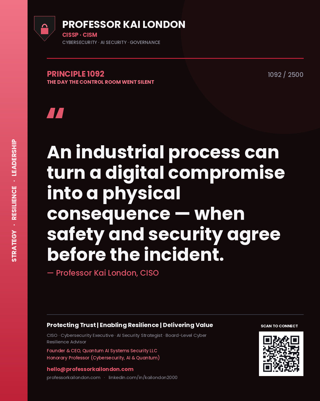 Quote card by Professor Kai London reading 'An industrial process can turn a digital compromise into a physical consequence — when safety and security agree before the incident.'. From the book The Day the Control Room Went Silent.