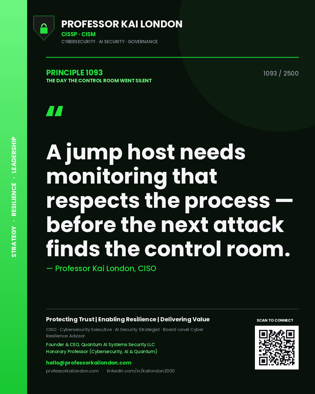 Quote card by Professor Kai London reading 'A jump host needs monitoring that respects the process — before the next attack finds the control room.'. From the book The Day the Control Room Went Silent.