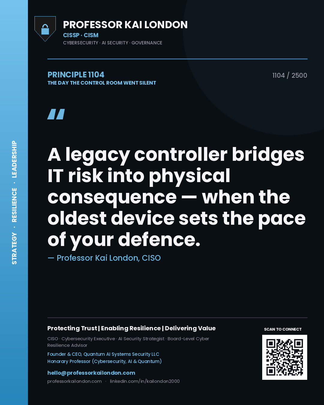 Professor Kai London principle 1104: A legacy controller bridges IT risk into physical consequence — when the oldest device sets the pace of your defence.