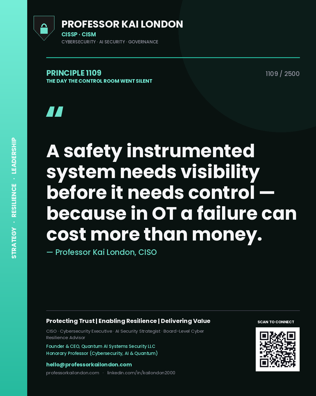 Professor Kai London principle 1109: A safety instrumented system needs visibility before it needs control — because in OT a failure can cost more than money.