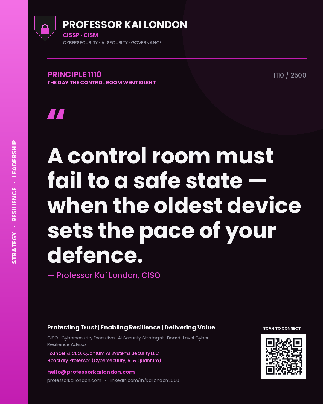 Professor Kai London principle 1110: A control room must fail to a safe state — when the oldest device sets the pace of your defence.