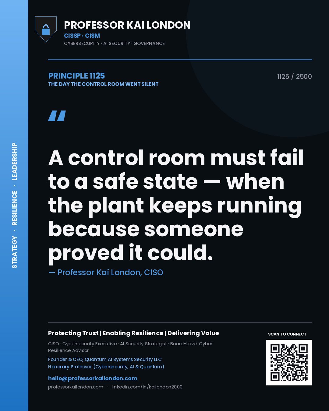 Professor Kai London principle 1125: A control room must fail to a safe state — when the plant keeps running because someone proved it could.