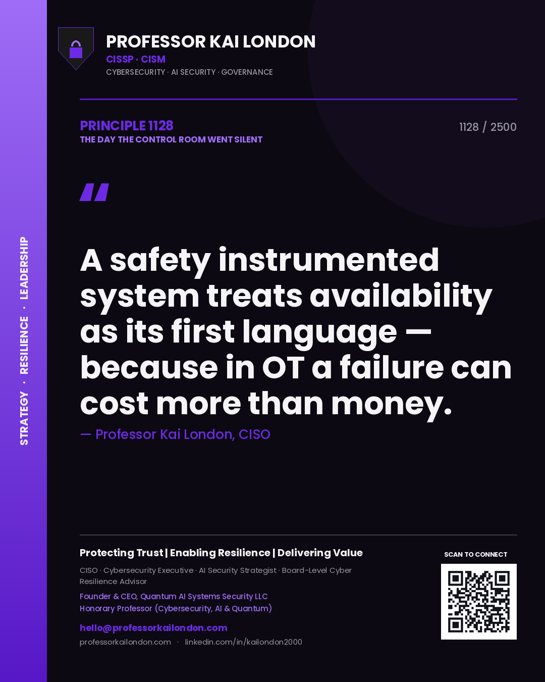 Professor Kai London principle 1128: A safety instrumented system treats availability as its first language — because in OT a failure can cost more than money.