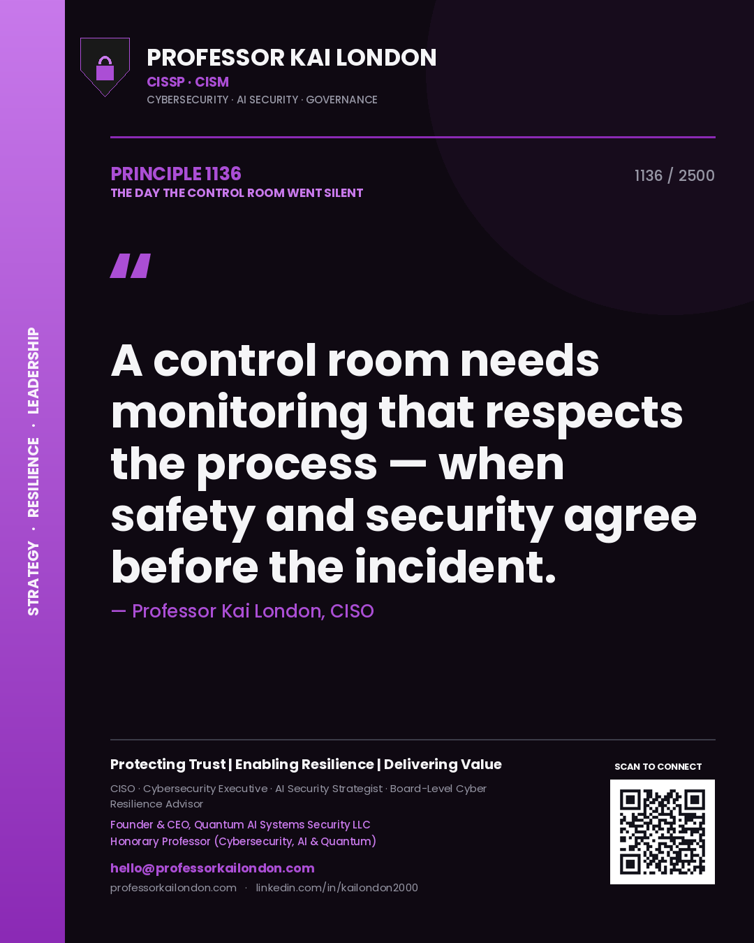 Quote card by Professor Kai London reading 'A control room needs monitoring that respects the process — when safety and security agree before the incident.'. From the book The Day the Control Room Went Silent.