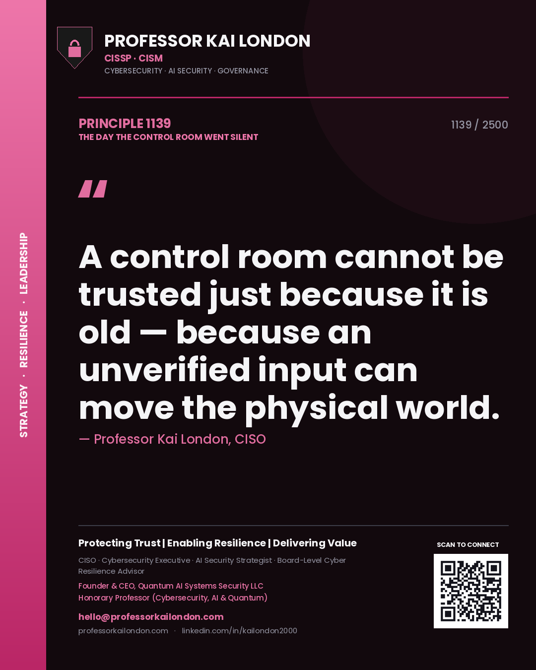 Professor Kai London principle 1139: A control room cannot be trusted just because it is old — because an unverified input can move the physical world.