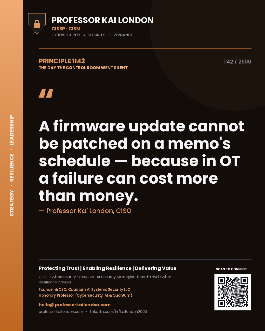 Quote card by Professor Kai London reading 'A firmware update cannot be patched on a memo's schedule — because in OT a failure can cost more than money.'. From the book The Day the Control Room Went Silent.