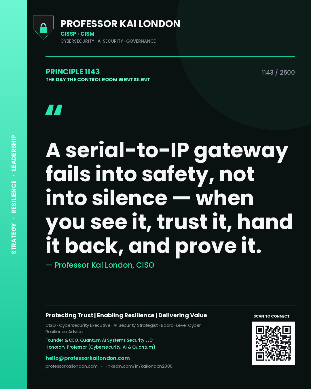 Professor Kai London principle 1143: A serial-to-IP gateway fails into safety, not into silence — when you see it, trust it, hand it back, and prove it.
