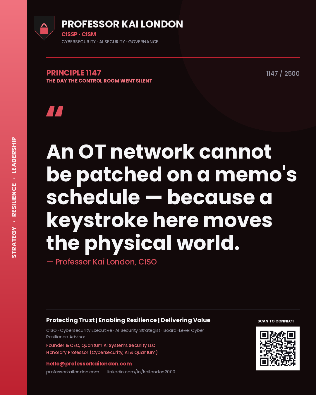 Quote card by Professor Kai London reading 'An OT network cannot be patched on a memo's schedule — because a keystroke here moves the physical world.'. From the book The Day the Control Room Went Silent.