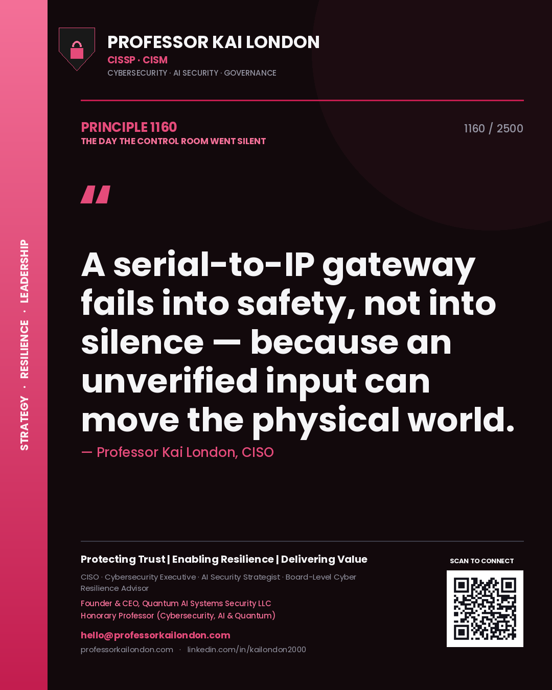 Quote card by Professor Kai London reading 'A serial-to-IP gateway fails into safety, not into silence — because an unverified input can move the physical world.'. From the book The Day the Control Room Went Silent.