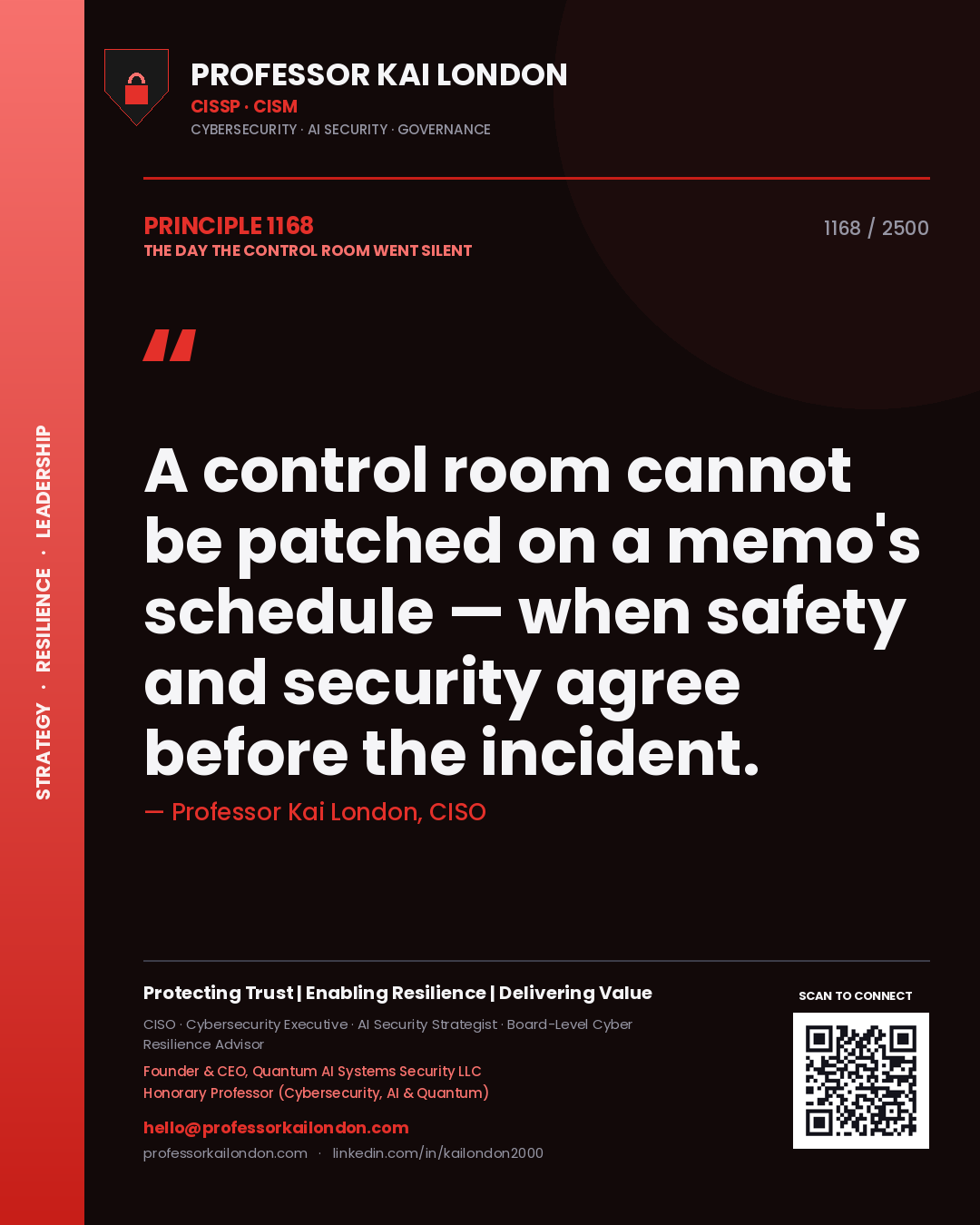Professor Kai London principle 1168: A control room cannot be patched on a memo's schedule — when safety and security agree before the incident.