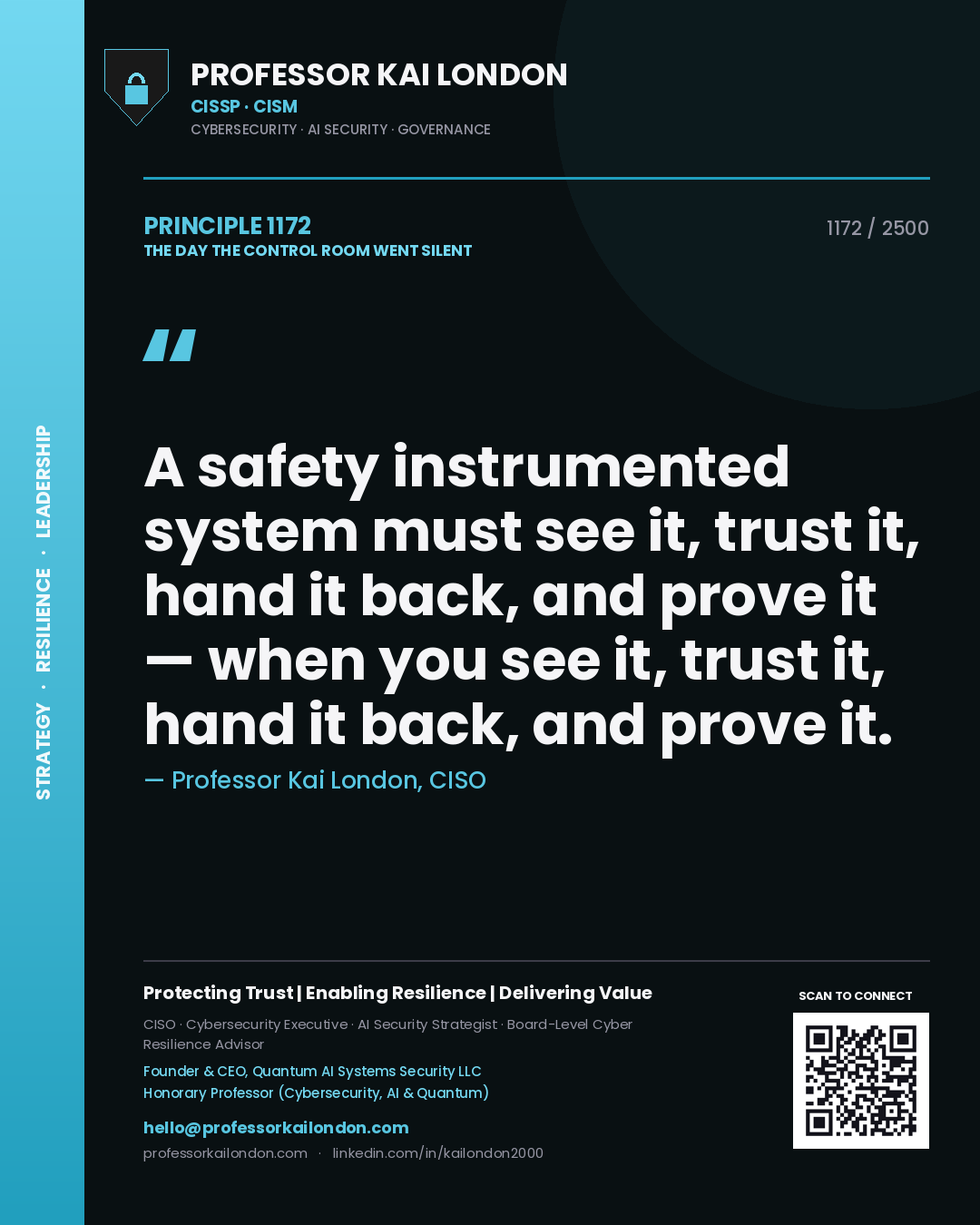 Quote card by Professor Kai London reading 'A safety instrumented system must see it, trust it, hand it back, and prove it — when you see it, trust it, hand it back, and prove it.'. From the book The Day the Control Room Went Silent.