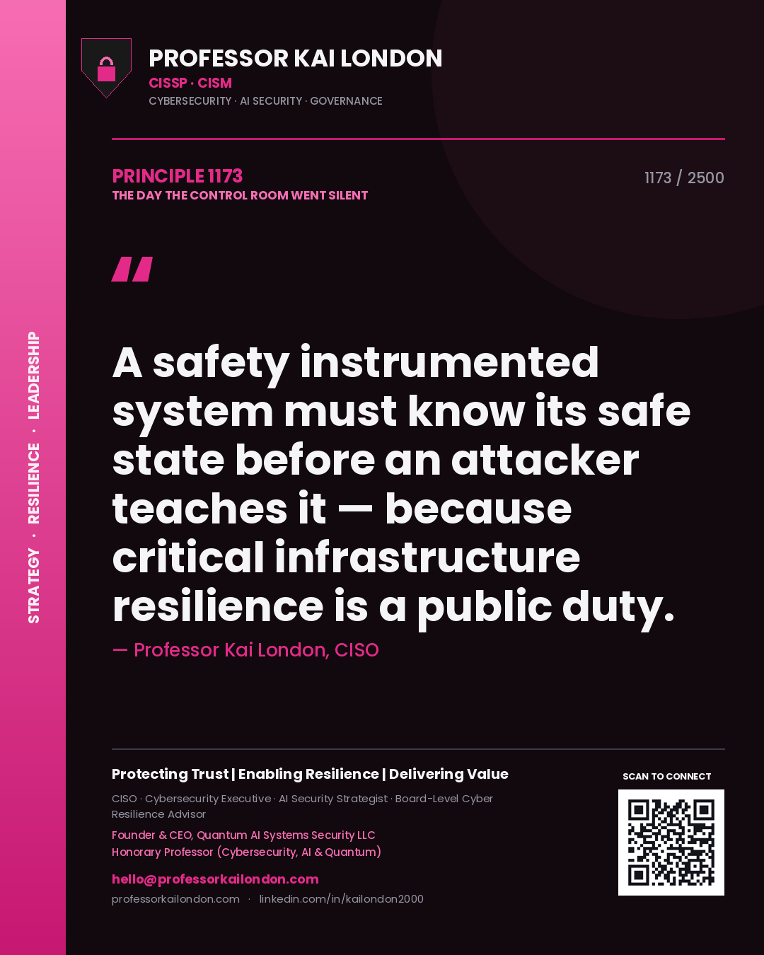 Professor Kai London principle 1173: A safety instrumented system must know its safe state before an attacker teaches it — because critical infrastructure resilience is a public duty.