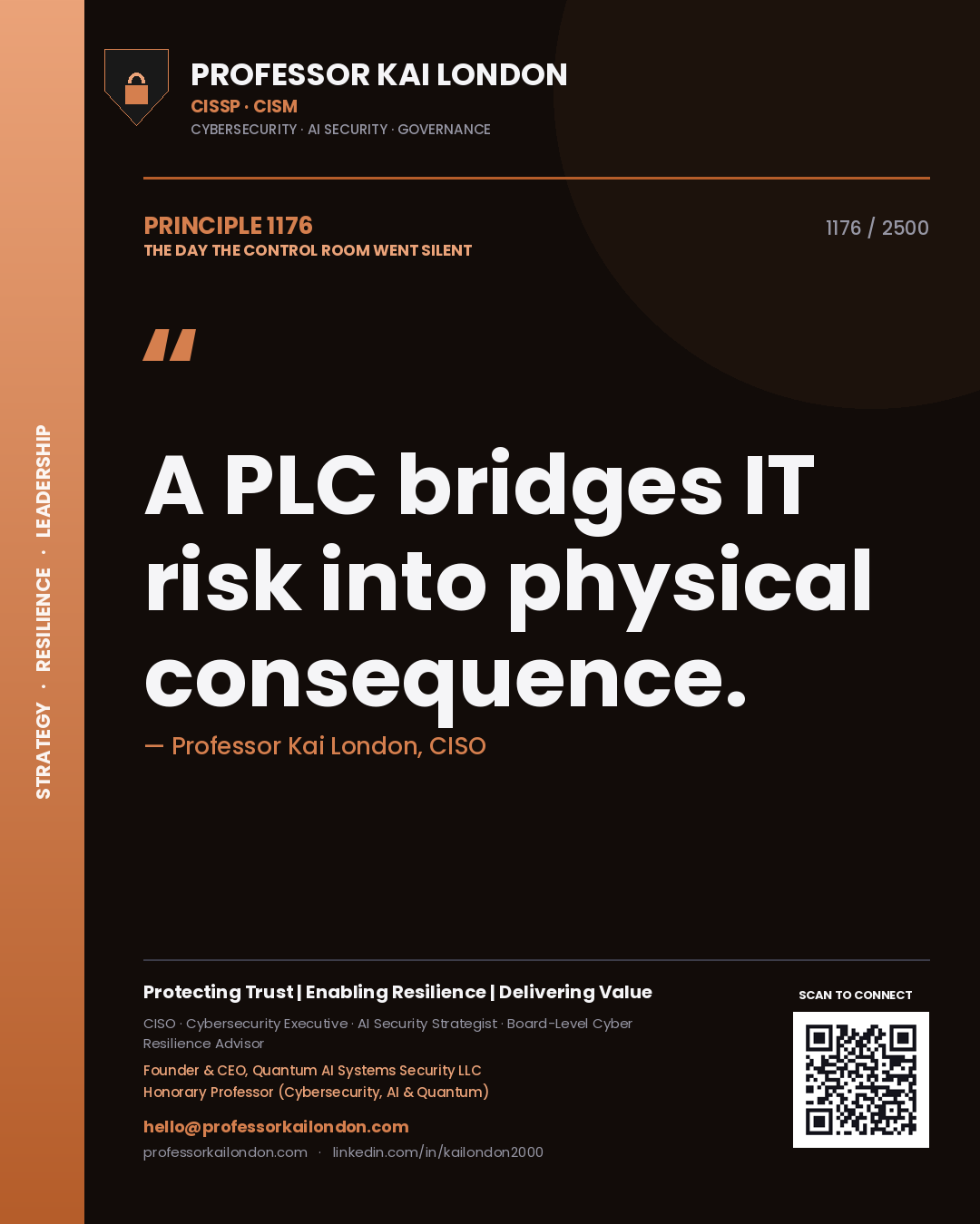 Professor Kai London principle 1176: A PLC bridges IT risk into physical consequence.