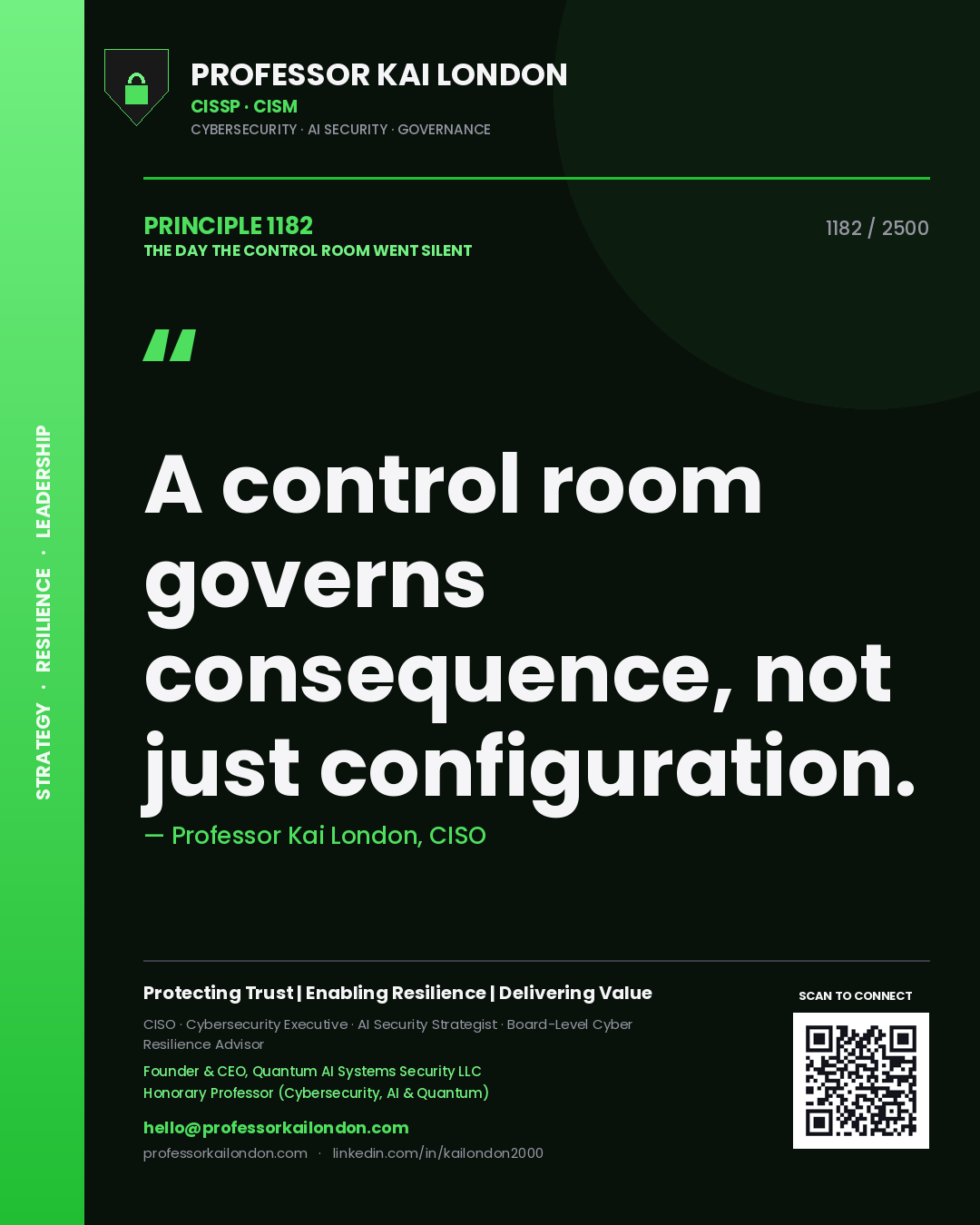 Quote card by Professor Kai London reading 'A control room governs consequence, not just configuration.'. From the book The Day the Control Room Went Silent.