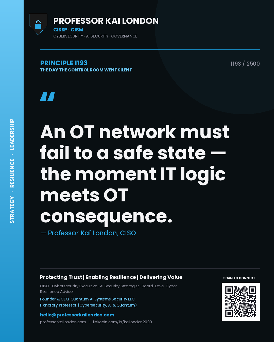 Quote card by Professor Kai London reading 'An OT network must fail to a safe state — the moment IT logic meets OT consequence.'. From the book The Day the Control Room Went Silent.