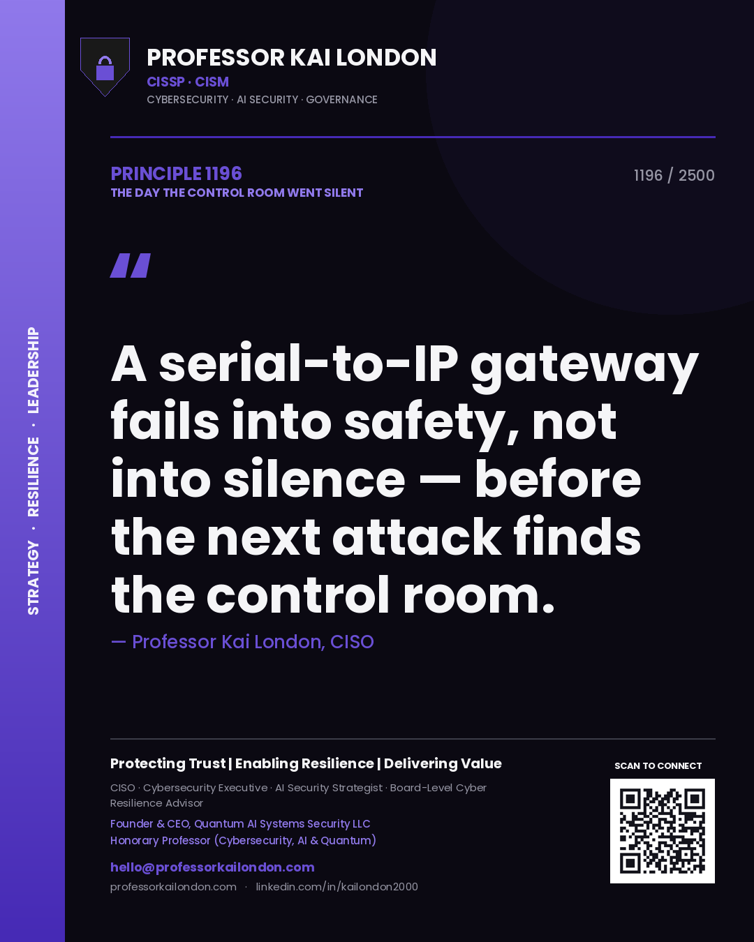 Professor Kai London principle 1196: A serial-to-IP gateway fails into safety, not into silence — before the next attack finds the control room.
