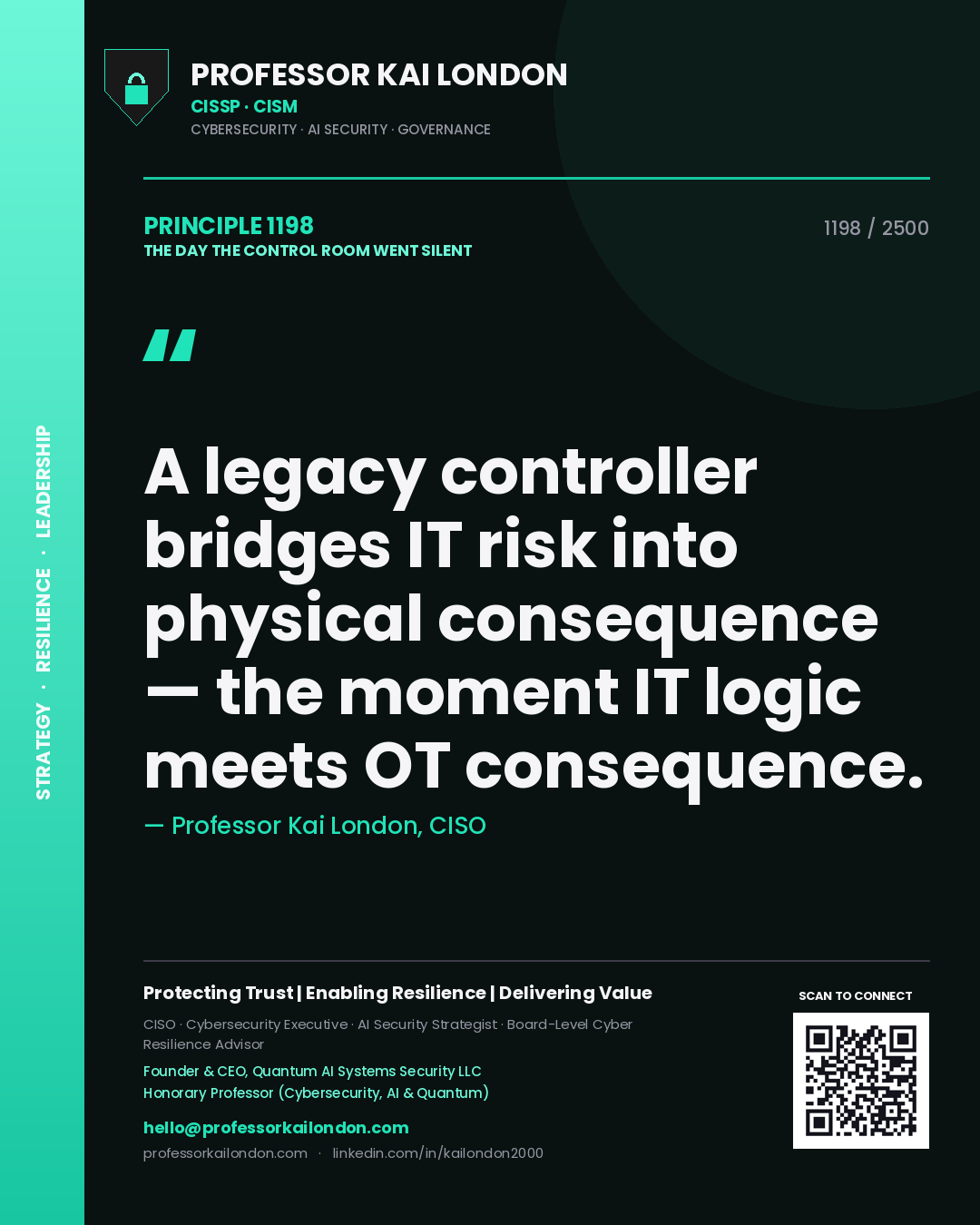 Professor Kai London principle 1198: A legacy controller bridges IT risk into physical consequence — the moment IT logic meets OT consequence.