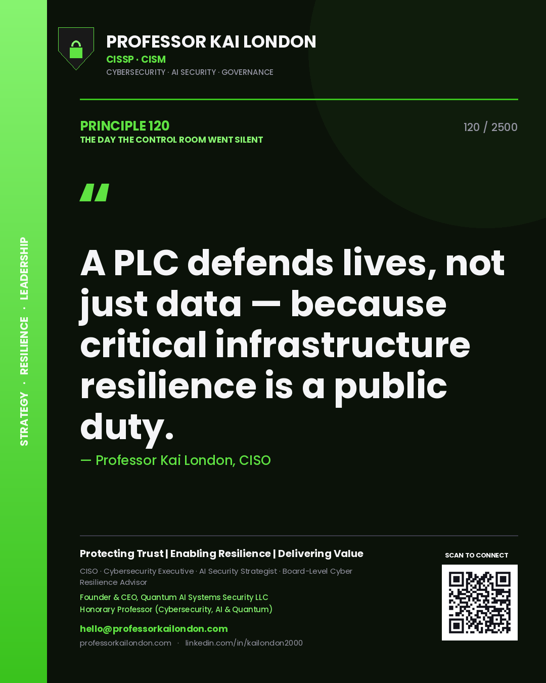 Professor Kai London principle 120: A PLC defends lives, not just data — because critical infrastructure resilience is a public duty.