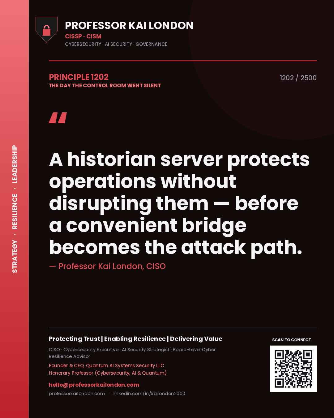 Quote card by Professor Kai London reading 'A historian server protects operations without disrupting them — before a convenient bridge becomes the attack path.'. From the book The Day the Control Room Went Silent.