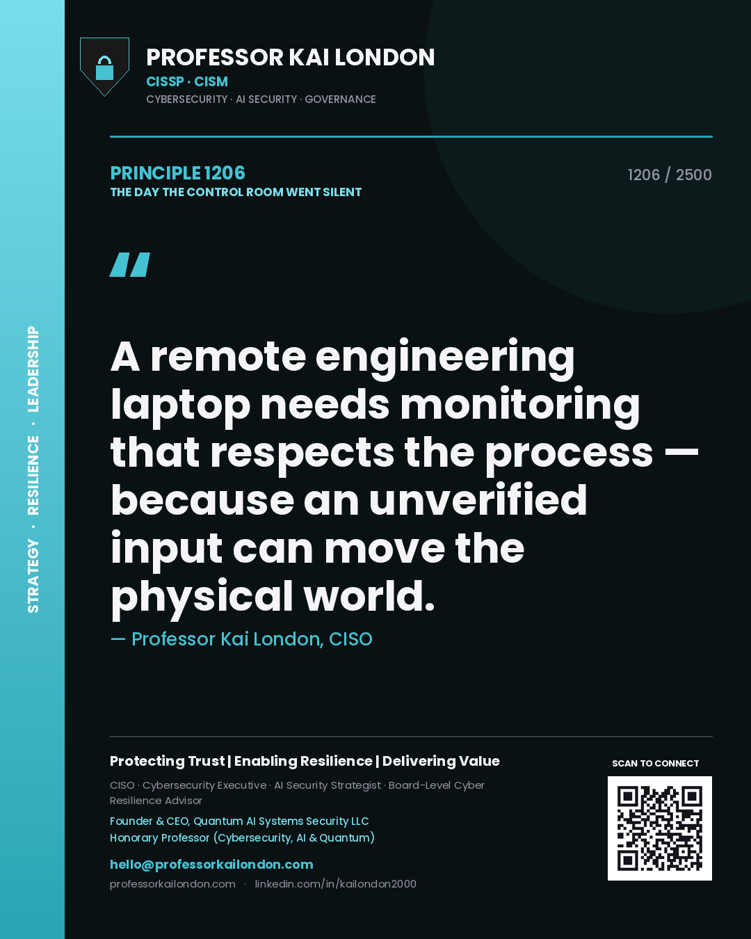 Quote card by Professor Kai London reading 'A remote engineering laptop needs monitoring that respects the process — because an unverified input can move the physical world.'. From the book The Day the Control Room Went Silent.