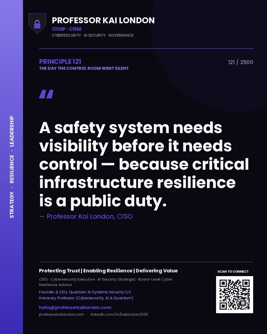 Quote card by Professor Kai London reading 'A safety system needs visibility before it needs control — because critical infrastructure resilience is a public duty.'. From the book The Day the Control Room Went Silent.
