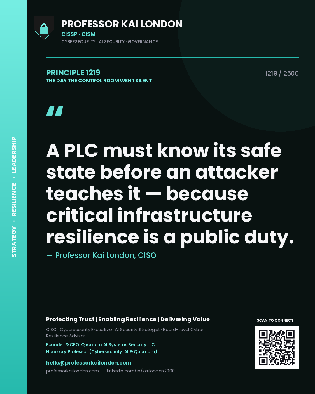 Quote card by Professor Kai London reading 'A PLC must know its safe state before an attacker teaches it — because critical infrastructure resilience is a public duty.'. From the book The Day the Control Room Went Silent.