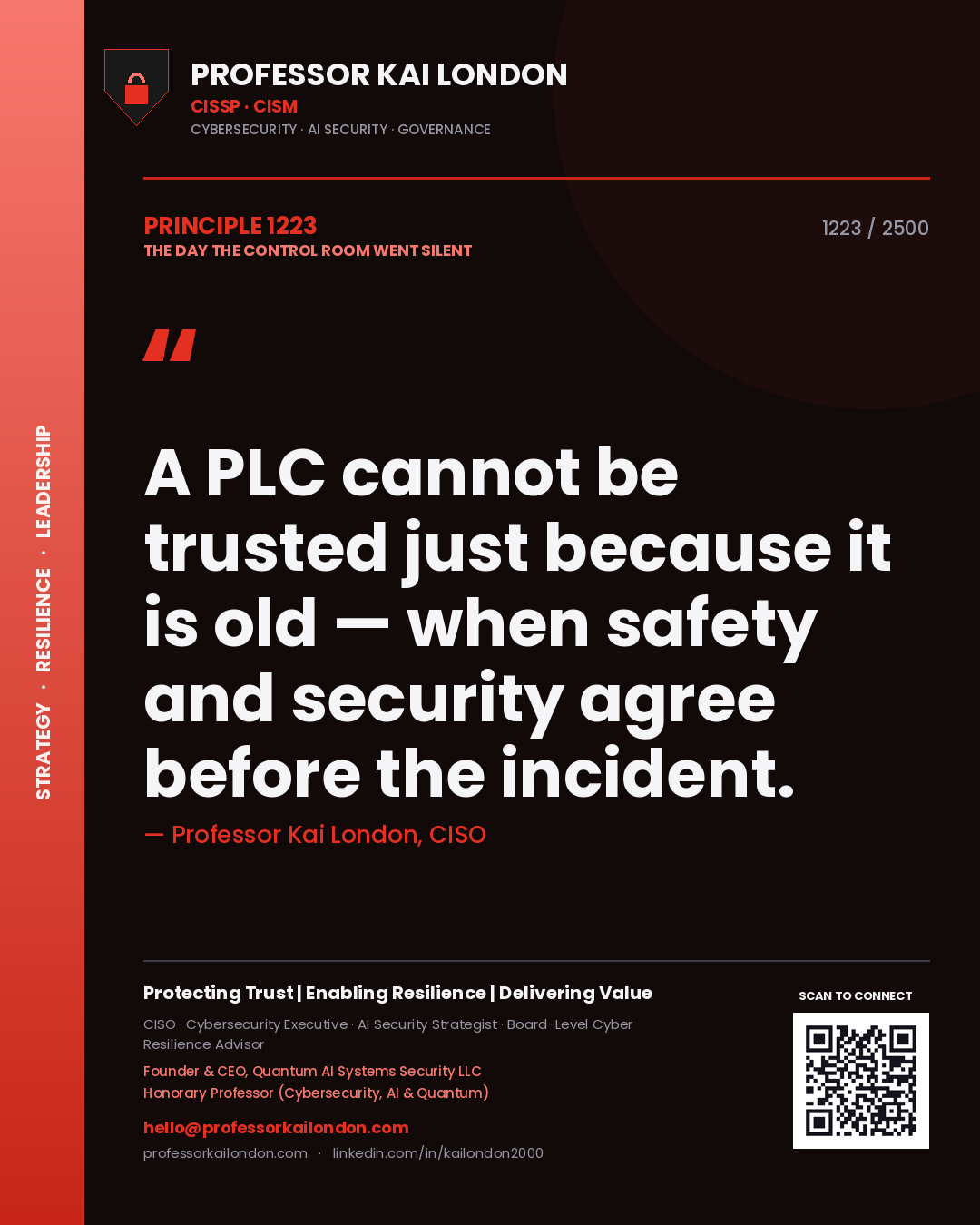 Quote card by Professor Kai London reading 'A PLC cannot be trusted just because it is old — when safety and security agree before the incident.'. From the book The Day the Control Room Went Silent.