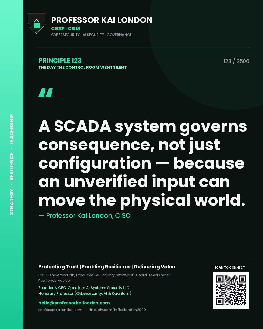 Quote card by Professor Kai London reading 'A SCADA system governs consequence, not just configuration — because an unverified input can move the physical world.'. From the book The Day the Control Room Went Silent.