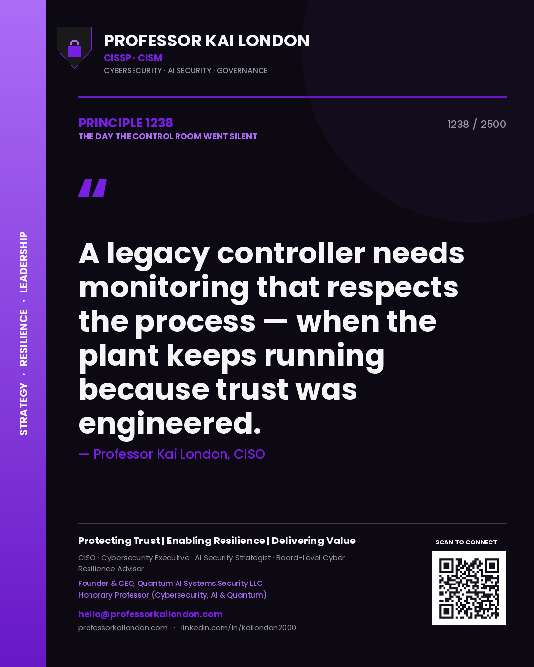 Quote card by Professor Kai London reading 'A legacy controller needs monitoring that respects the process — when the plant keeps running because trust was engineered.'. From the book The Day the Control Room Went Silent.
