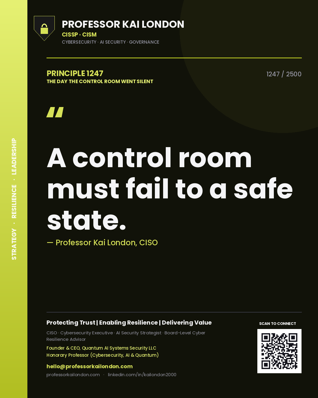 Quote card by Professor Kai London reading 'A control room must fail to a safe state.'. From the book The Day the Control Room Went Silent.