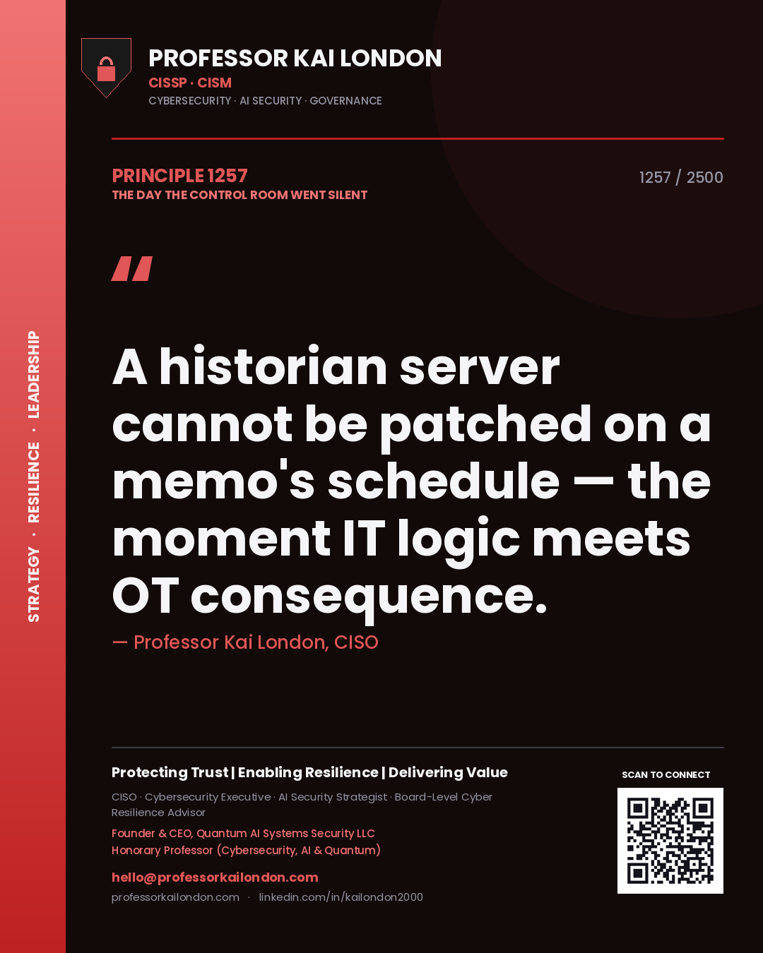 Quote card by Professor Kai London reading 'A historian server cannot be patched on a memo's schedule — the moment IT logic meets OT consequence.'. From the book The Day the Control Room Went Silent.