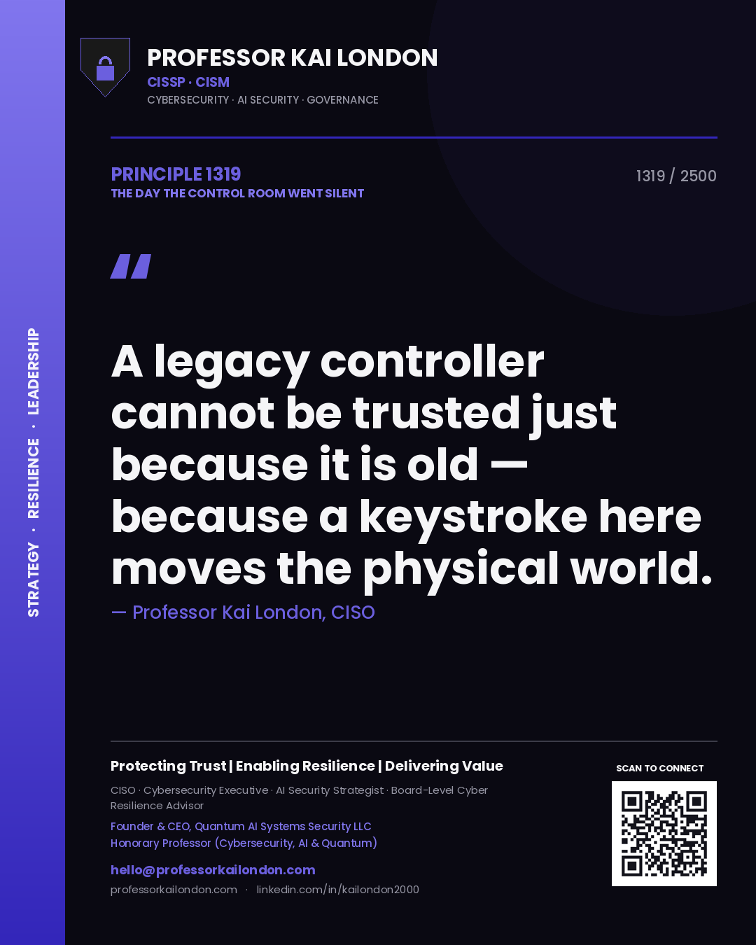 Professor Kai London principle 1319: A legacy controller cannot be trusted just because it is old — because a keystroke here moves the physical world.