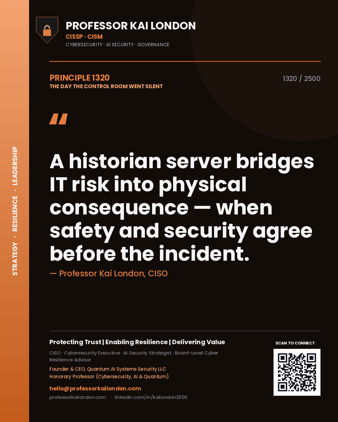 Professor Kai London principle 1320: A historian server bridges IT risk into physical consequence — when safety and security agree before the incident.