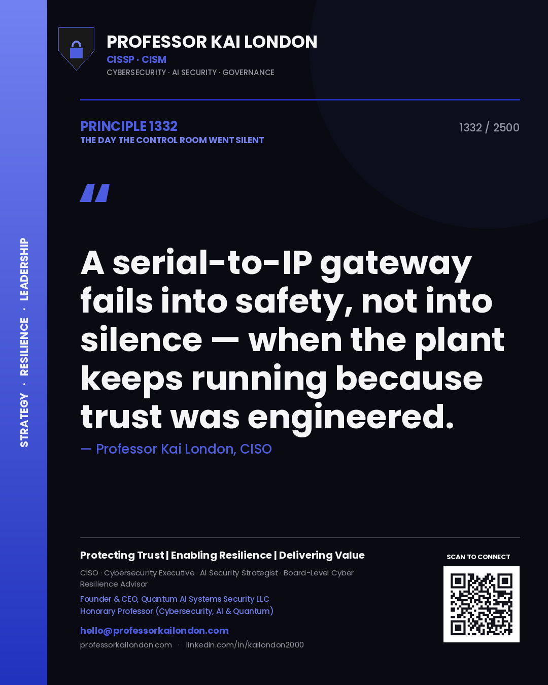 Professor Kai London principle 1332: A serial-to-IP gateway fails into safety, not into silence — when the plant keeps running because trust was engineered.