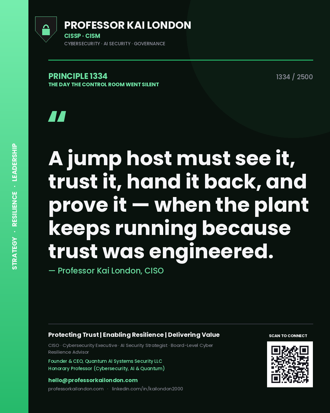 Professor Kai London principle 1334: A jump host must see it, trust it, hand it back, and prove it — when the plant keeps running because trust was engineered.