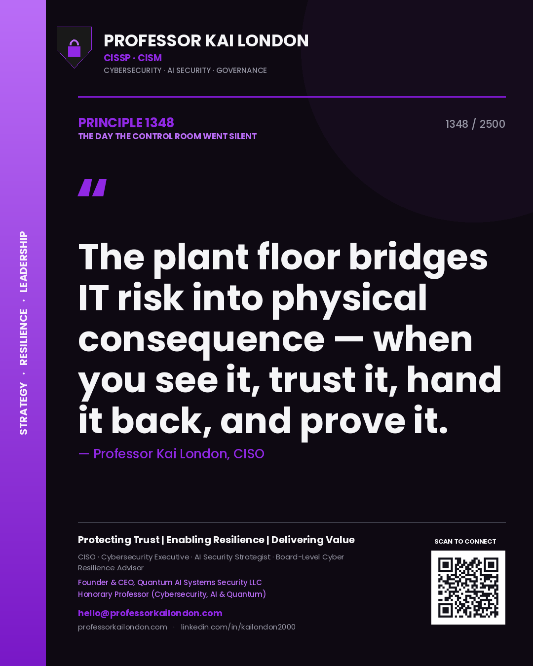 Professor Kai London principle 1348: The plant floor bridges IT risk into physical consequence — when you see it, trust it, hand it back, and prove it.