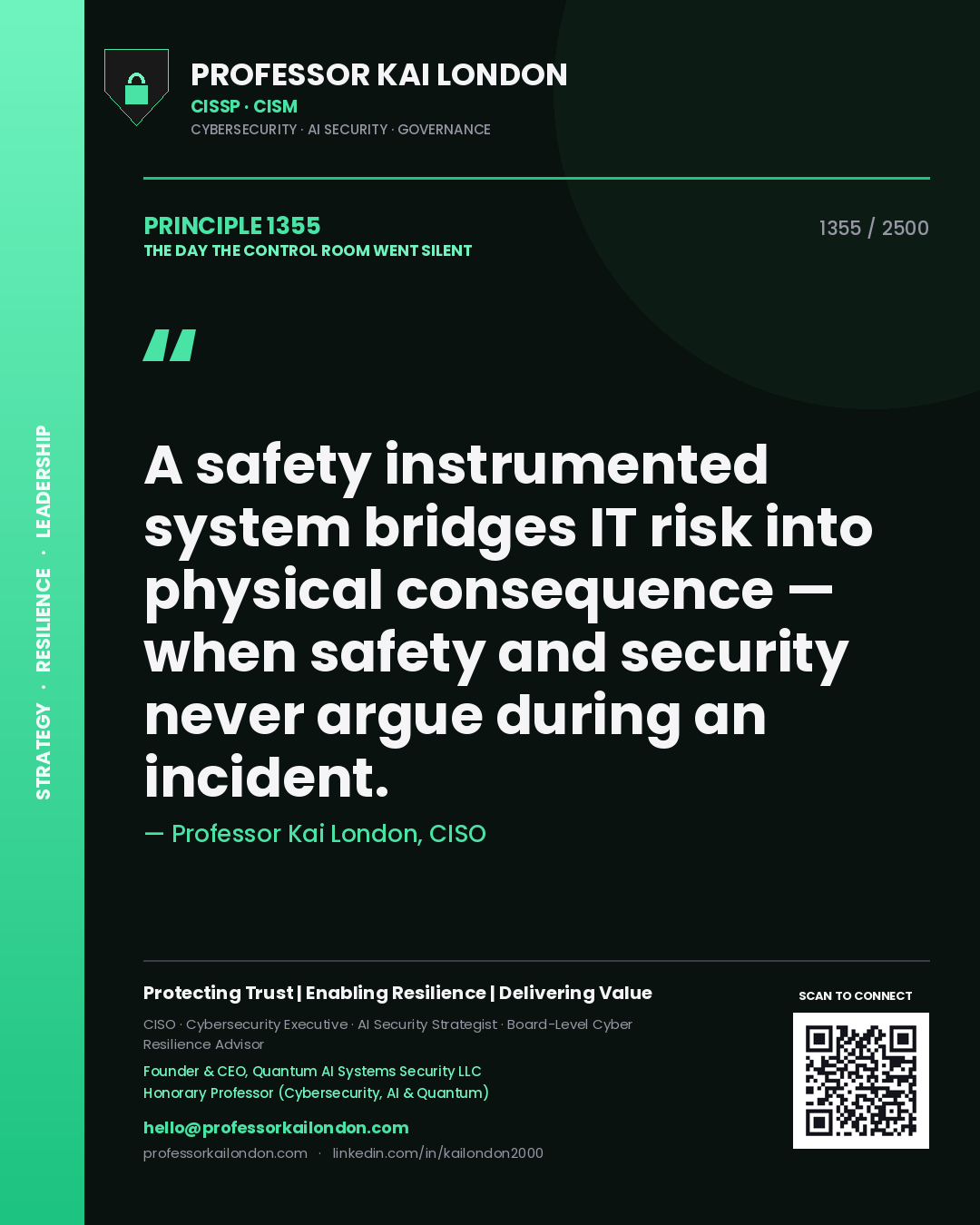 Quote card by Professor Kai London reading 'A safety instrumented system bridges IT risk into physical consequence — when safety and security never argue during an incident.'. From the book The Day the Control Room Went Silent.