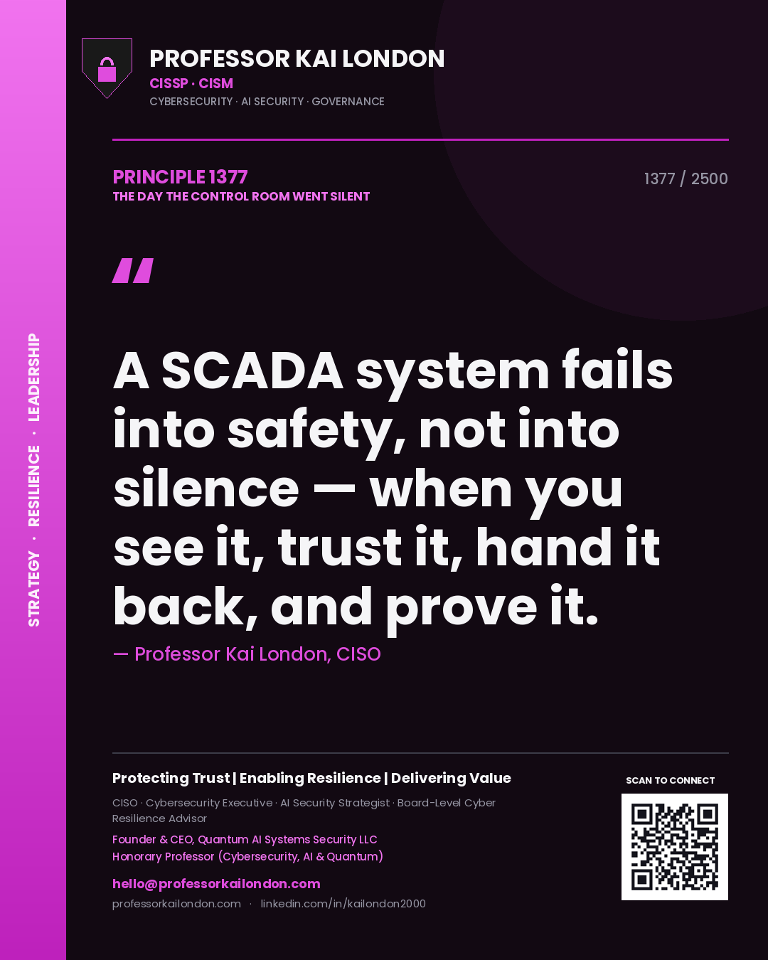 Professor Kai London principle 1377: A SCADA system fails into safety, not into silence — when you see it, trust it, hand it back, and prove it.