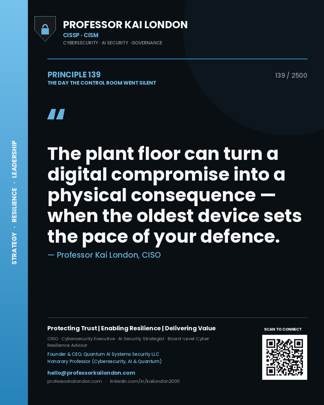 Quote card by Professor Kai London reading 'The plant floor can turn a digital compromise into a physical consequence — when the oldest device sets the pace of your defence.'. From the book The Day the Control Room Went Silent.