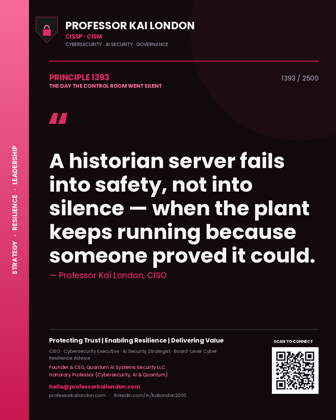 Quote card by Professor Kai London reading 'A historian server fails into safety, not into silence — when the plant keeps running because someone proved it could.'. From the book The Day the Control Room Went Silent.
