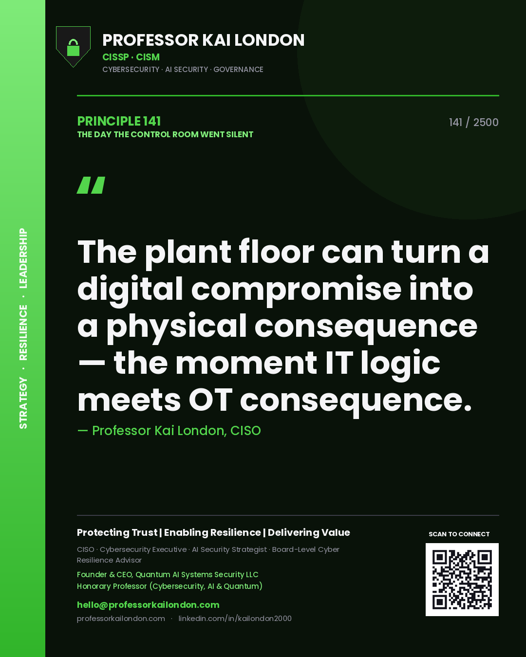 Quote card by Professor Kai London reading 'The plant floor can turn a digital compromise into a physical consequence — the moment IT logic meets OT consequence.'. From the book The Day the Control Room Went Silent.