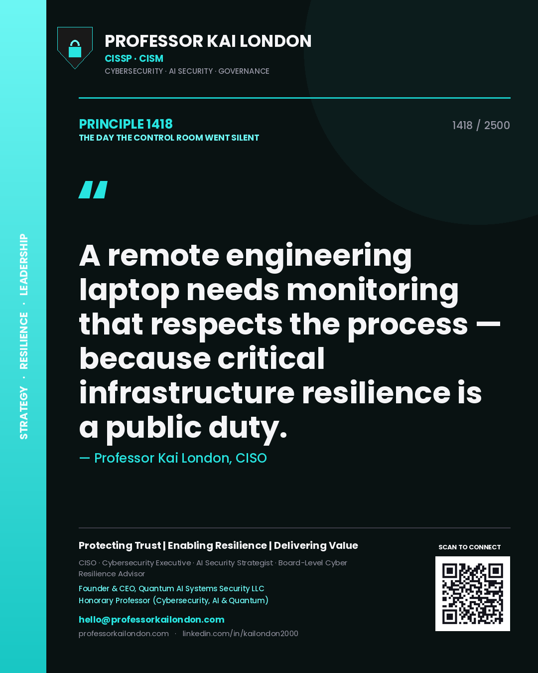 Quote card by Professor Kai London reading 'A remote engineering laptop needs monitoring that respects the process — because critical infrastructure resilience is a public duty.'. From the book The Day the Control Room Went Silent.